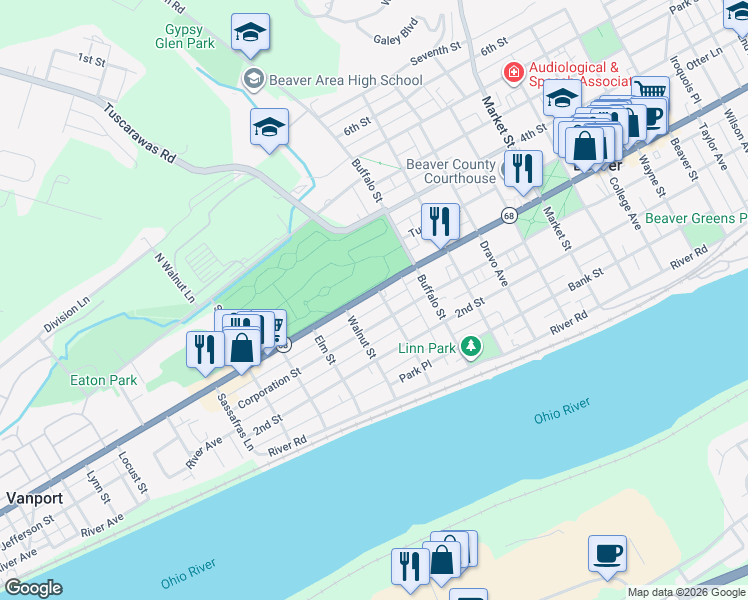 map of restaurants, bars, coffee shops, grocery stores, and more near 1336 Corporation Street in Beaver