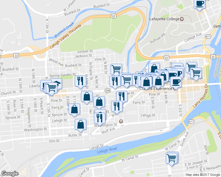 map of restaurants, bars, coffee shops, grocery stores, and more near 723 Northampton Street in Easton