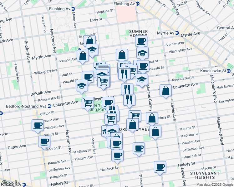 map of restaurants, bars, coffee shops, grocery stores, and more near 728 Lafayette Avenue in Brooklyn