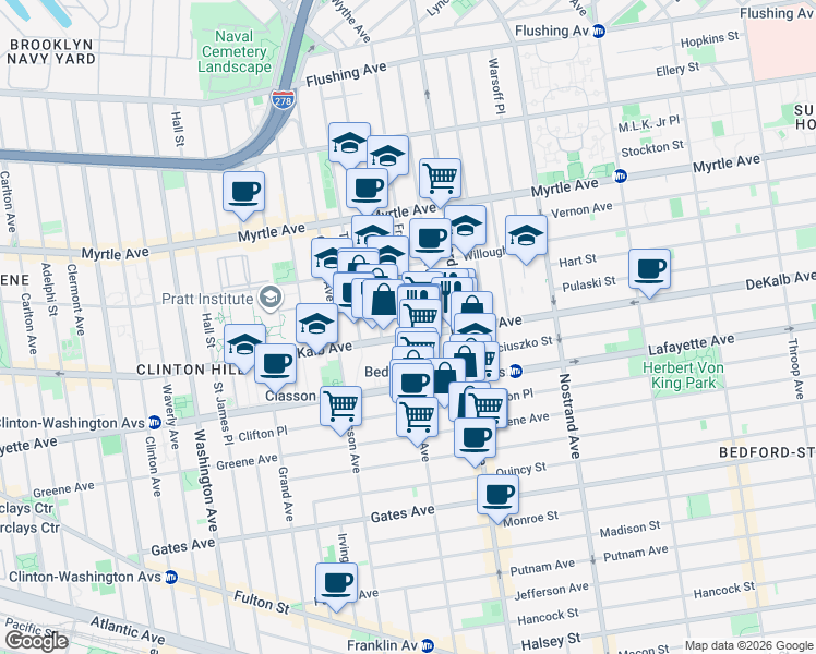 map of restaurants, bars, coffee shops, grocery stores, and more near 244 Franklin Avenue in Brooklyn