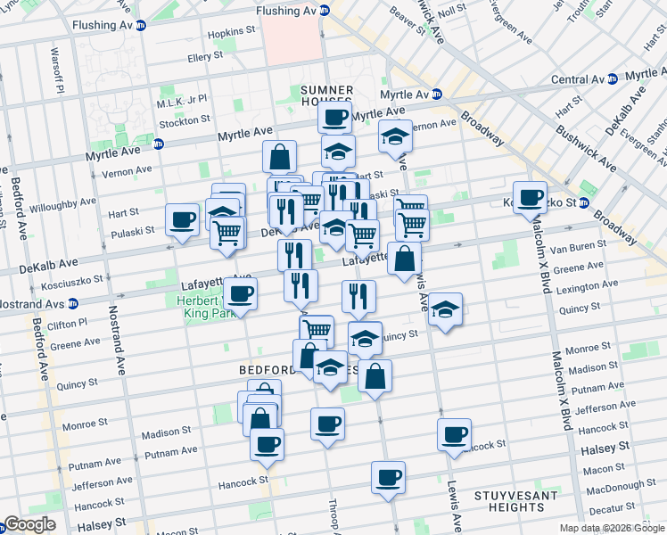 map of restaurants, bars, coffee shops, grocery stores, and more near 121 Van Buren Street in Brooklyn