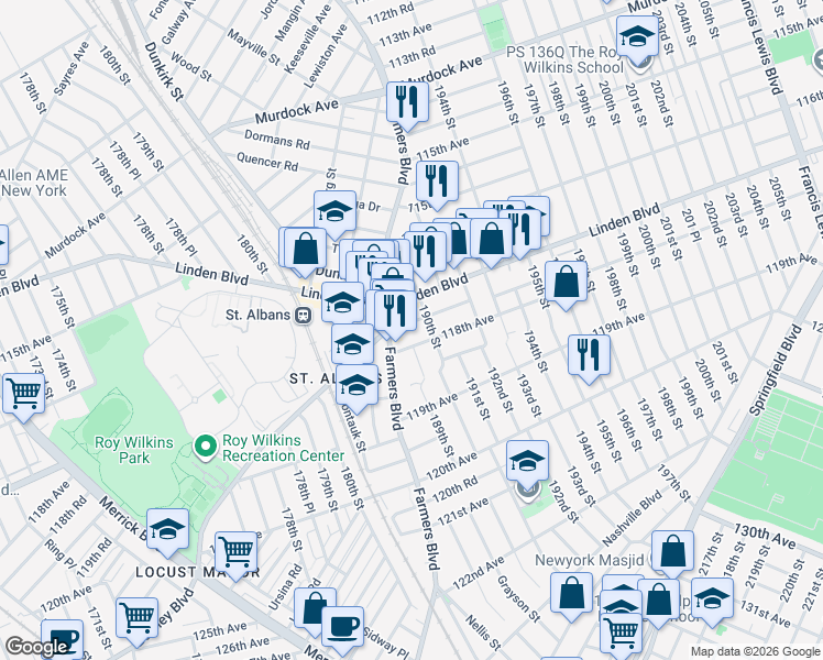 map of restaurants, bars, coffee shops, grocery stores, and more near 189-4 118th Avenue in Queens