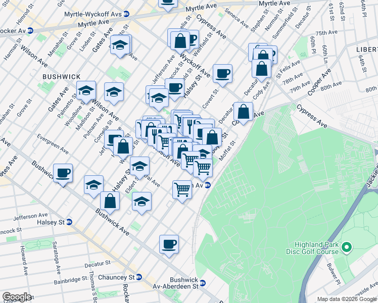 map of restaurants, bars, coffee shops, grocery stores, and more near 220 Schaefer Street in Brooklyn
