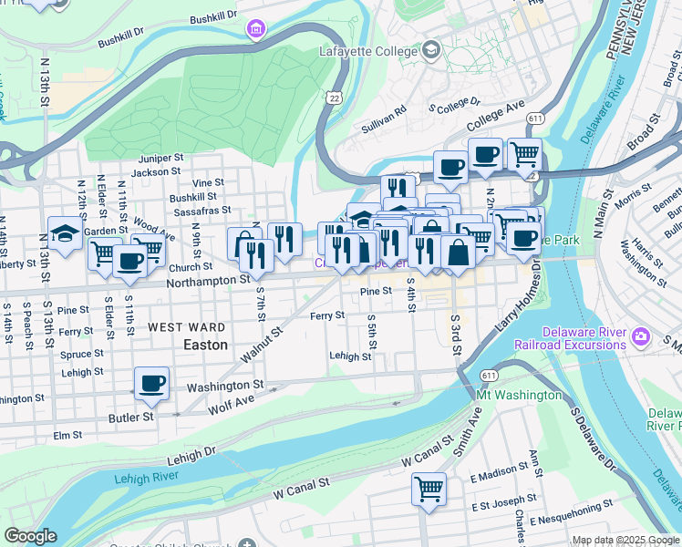 map of restaurants, bars, coffee shops, grocery stores, and more near 4 South Sixth Street in Easton