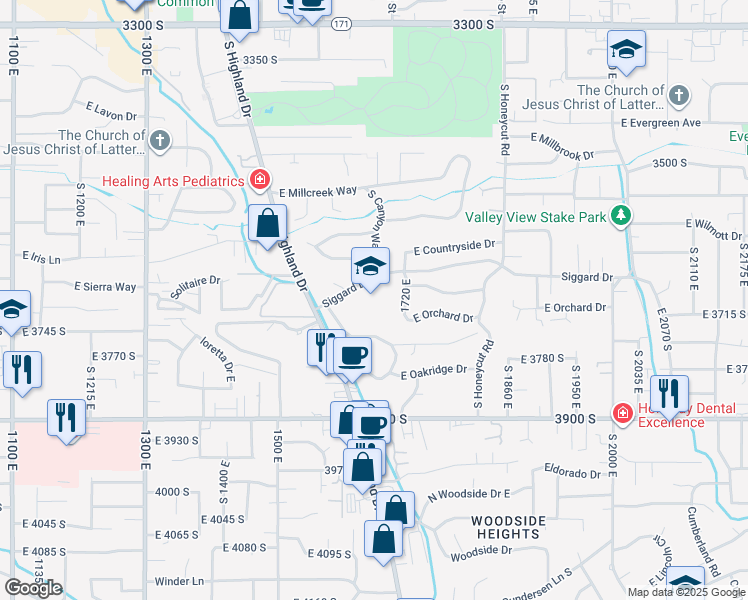 map of restaurants, bars, coffee shops, grocery stores, and more near 1670 Siggard Drive in Salt Lake City