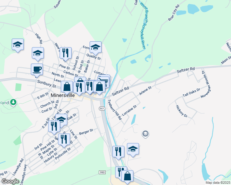 map of restaurants, bars, coffee shops, grocery stores, and more near 300 Penn Street in Minersville