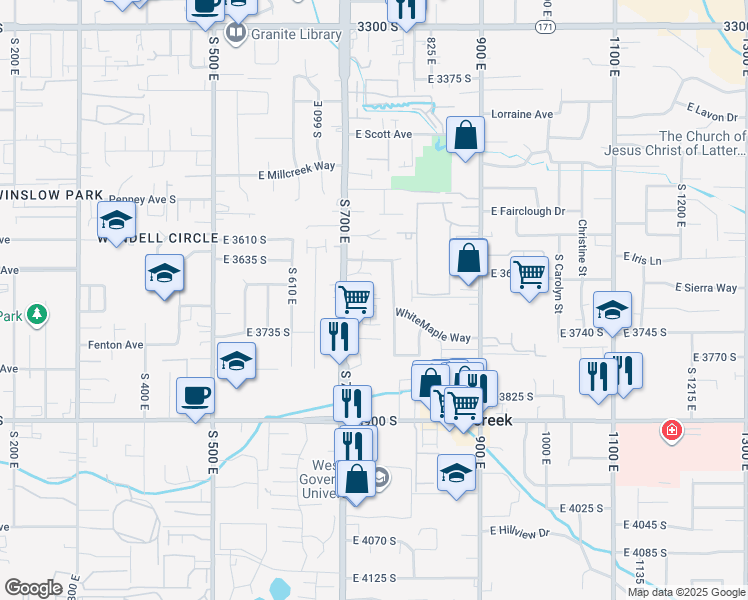 map of restaurants, bars, coffee shops, grocery stores, and more near 734 East 3690 South in Millcreek