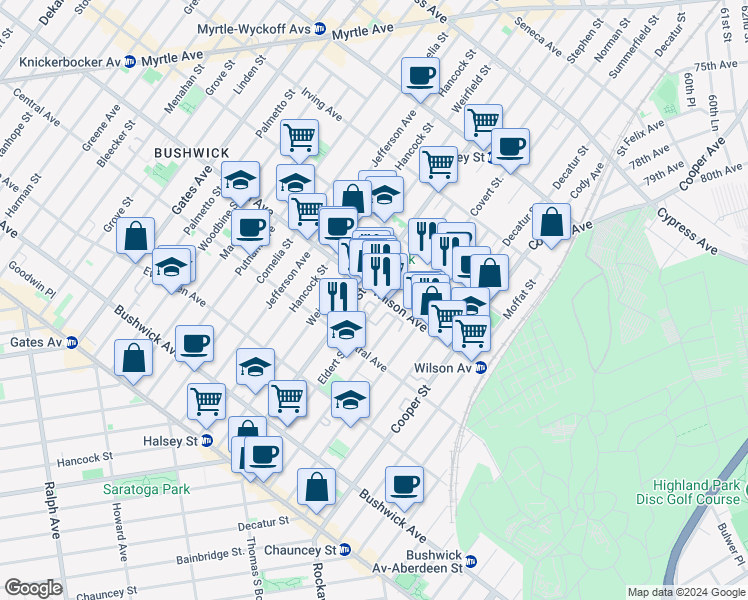 map of restaurants, bars, coffee shops, grocery stores, and more near 227 Eldert Street in Brooklyn