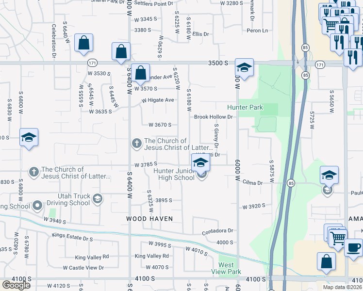 map of restaurants, bars, coffee shops, grocery stores, and more near 3729 Chatterleigh Road in West Valley City