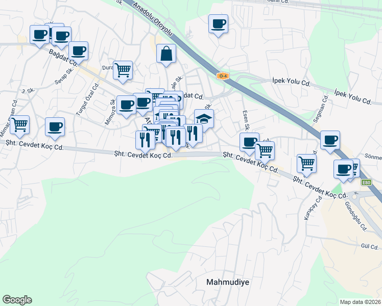 map of restaurants, bars, coffee shops, grocery stores, and more near 54 Şehit Cevdet Koç Caddesi in Sapanca