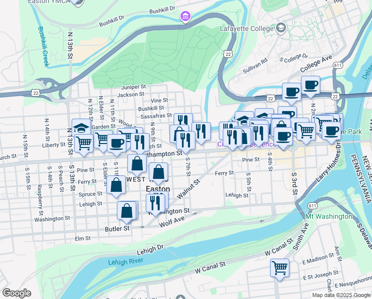 map of restaurants, bars, coffee shops, grocery stores, and more near 726 Northampton Street in Easton
