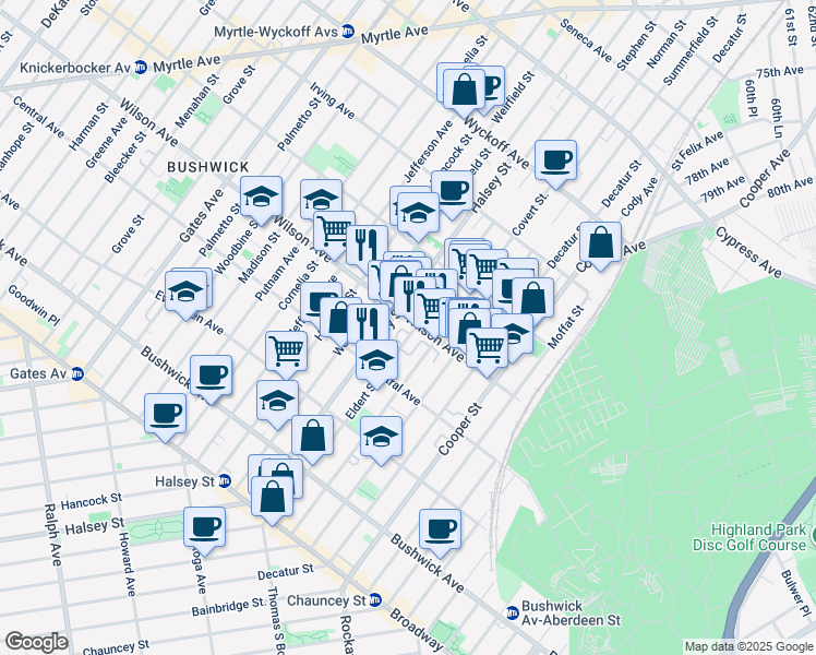map of restaurants, bars, coffee shops, grocery stores, and more near 229 Eldert Street in Brooklyn