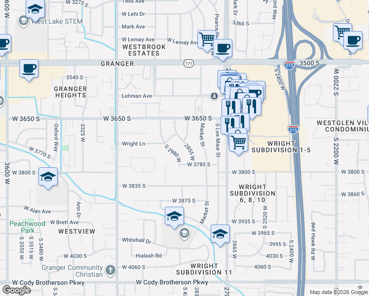 map of restaurants, bars, coffee shops, grocery stores, and more near 3728 American Drive in West Valley City
