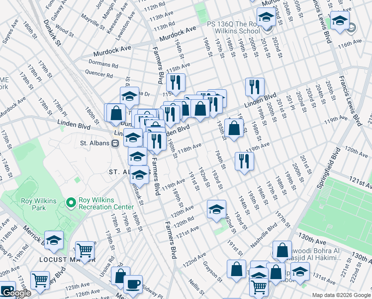 map of restaurants, bars, coffee shops, grocery stores, and more near 190-21 118th Road in Queens
