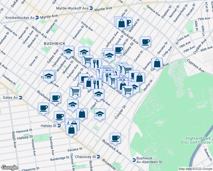 map of restaurants, bars, coffee shops, grocery stores, and more near 185 Eldert Street in Brooklyn