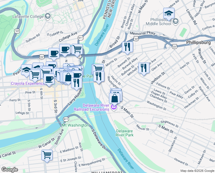 map of restaurants, bars, coffee shops, grocery stores, and more near 2 Randall Street in Phillipsburg