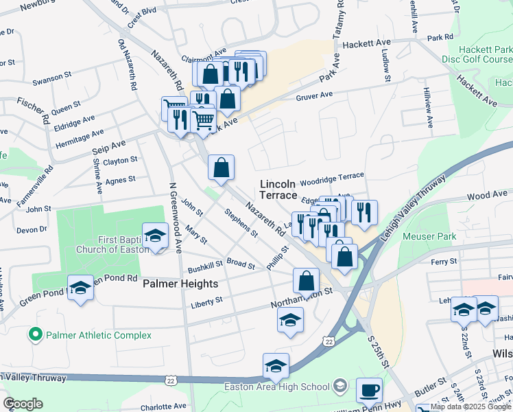 map of restaurants, bars, coffee shops, grocery stores, and more near 2725 Nazareth Road in Easton