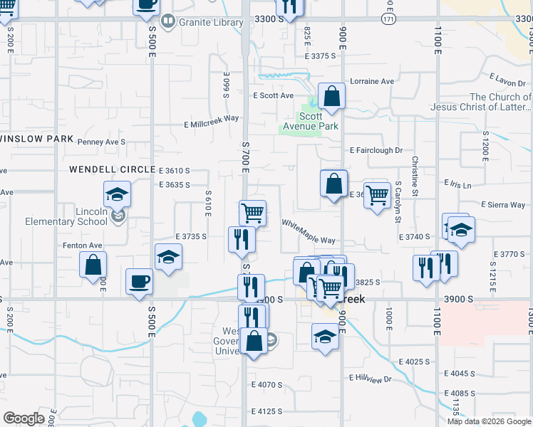 map of restaurants, bars, coffee shops, grocery stores, and more near 733 East 3720 South in Millcreek