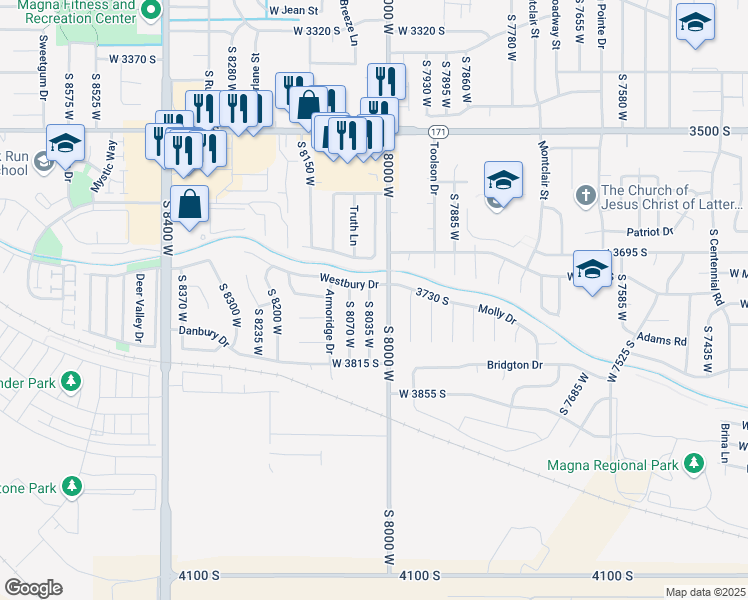 map of restaurants, bars, coffee shops, grocery stores, and more near 3747 South 8035 West in Magna