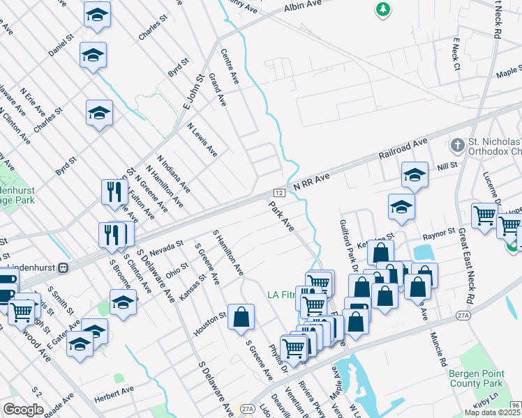 map of restaurants, bars, coffee shops, grocery stores, and more near 363 Nevada Street in Lindenhurst