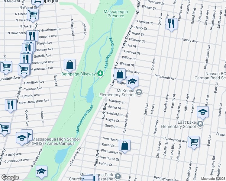 map of restaurants, bars, coffee shops, grocery stores, and more near 130 Hawthorn Street in Massapequa Park
