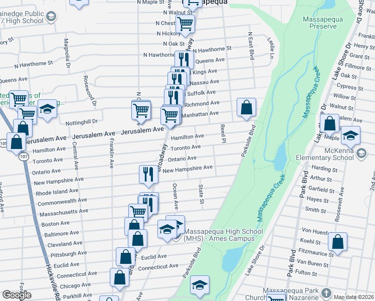 map of restaurants, bars, coffee shops, grocery stores, and more near 209 Ontario Avenue in Massapequa