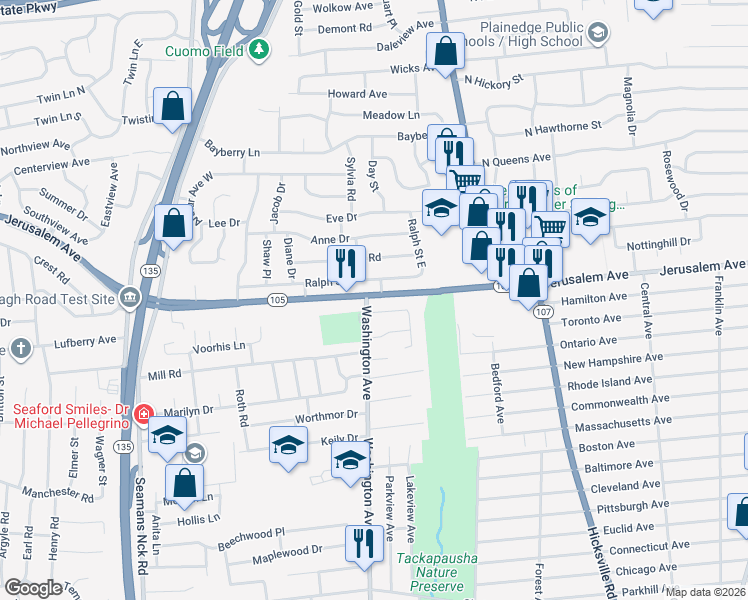 map of restaurants, bars, coffee shops, grocery stores, and more near 4008 Harland Road in Seaford