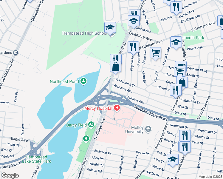 map of restaurants, bars, coffee shops, grocery stores, and more near 237 Carolina Avenue in Hempstead