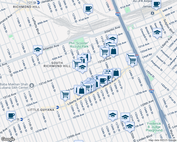 map of restaurants, bars, coffee shops, grocery stores, and more near 42 126th Street in Queens