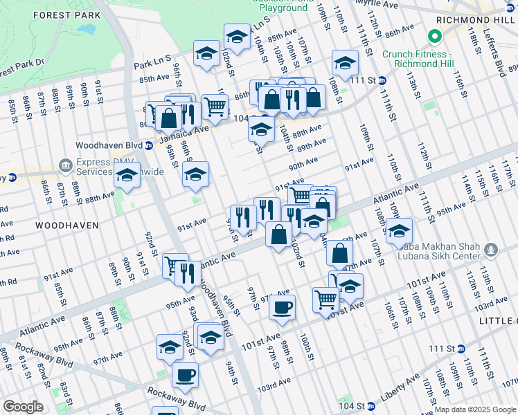 map of restaurants, bars, coffee shops, grocery stores, and more near 91-29 98th Street in Queens