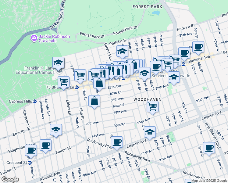 map of restaurants, bars, coffee shops, grocery stores, and more near 87-31 80th Street in Queens