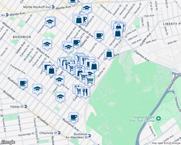 map of restaurants, bars, coffee shops, grocery stores, and more near 235A Cooper Street in Brooklyn