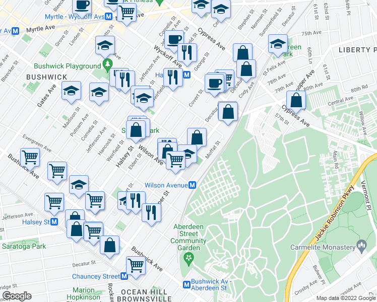 map of restaurants, bars, coffee shops, grocery stores, and more near 235A Cooper Street in Brooklyn