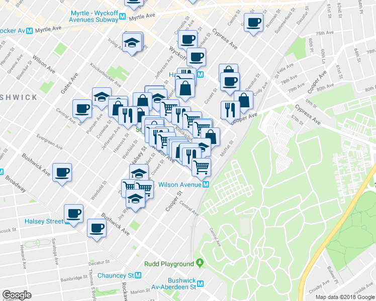 map of restaurants, bars, coffee shops, grocery stores, and more near 220 Schaefer Street in Brooklyn