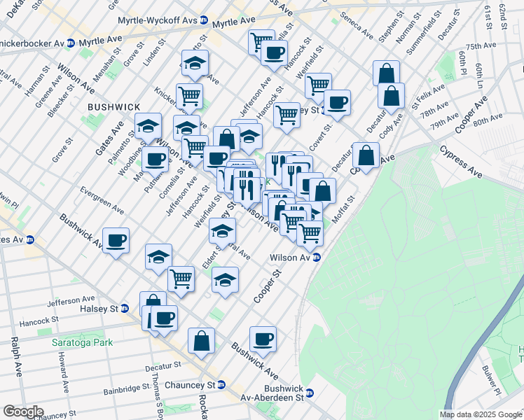 map of restaurants, bars, coffee shops, grocery stores, and more near 574 Wilson Avenue in Brooklyn