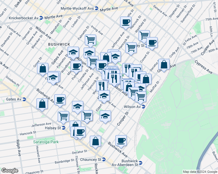map of restaurants, bars, coffee shops, grocery stores, and more near in Brooklyn