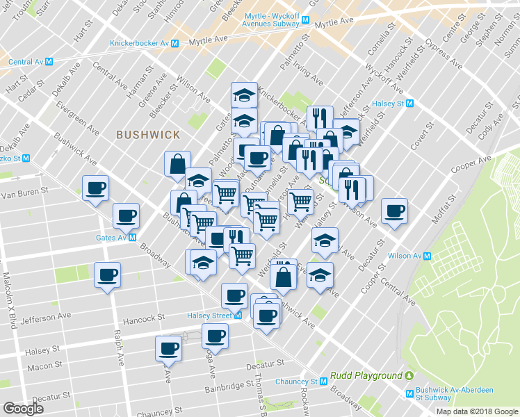 map of restaurants, bars, coffee shops, grocery stores, and more near in Brooklyn