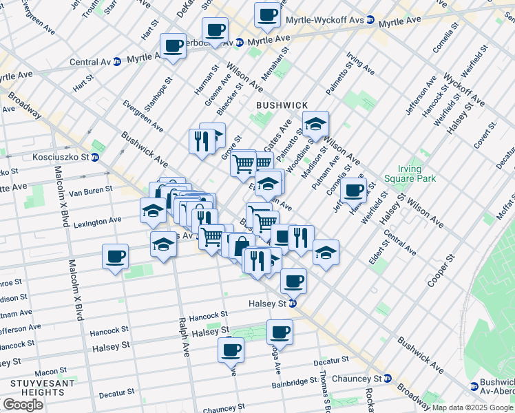 map of restaurants, bars, coffee shops, grocery stores, and more near 64 Woodbine Street in Brooklyn