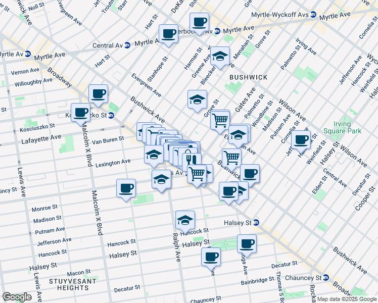 map of restaurants, bars, coffee shops, grocery stores, and more near 1103 Gates Avenue in Brooklyn