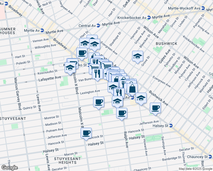map of restaurants, bars, coffee shops, grocery stores, and more near 824 Lexington Avenue in Brooklyn