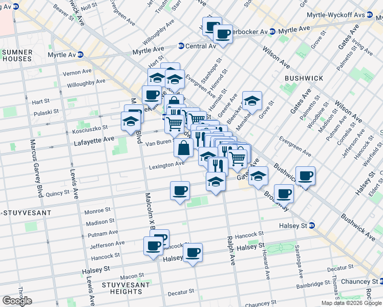 map of restaurants, bars, coffee shops, grocery stores, and more near 824 Lexington Avenue in Brooklyn