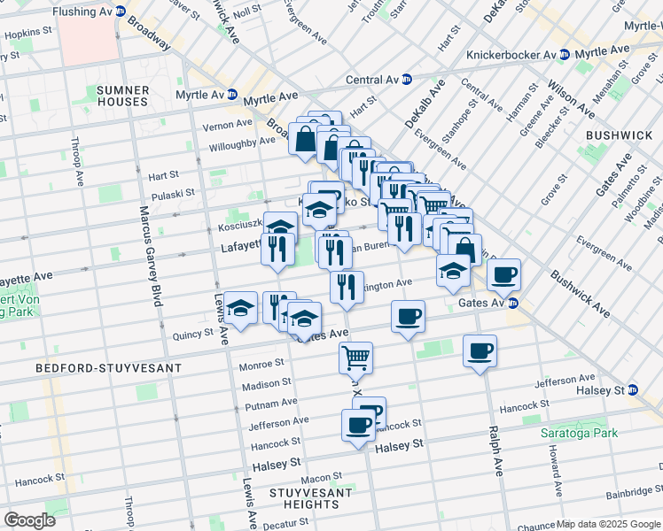 map of restaurants, bars, coffee shops, grocery stores, and more near 91A Malcolm X Boulevard in Brooklyn