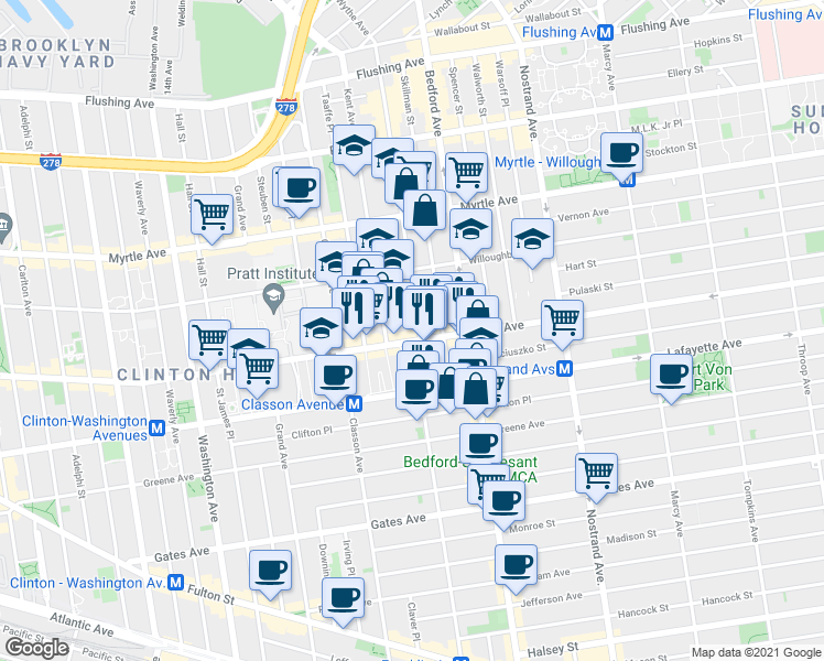 map of restaurants, bars, coffee shops, grocery stores, and more near 473 DeKalb Avenue in Brooklyn