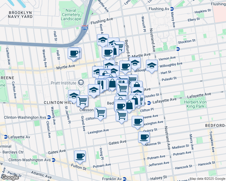 map of restaurants, bars, coffee shops, grocery stores, and more near 459 Dekalb Avenue in Brooklyn