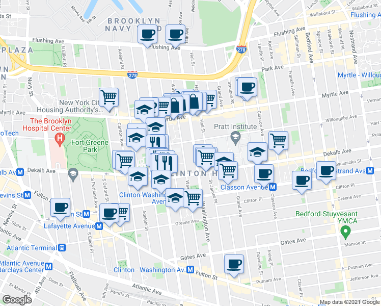 map of restaurants, bars, coffee shops, grocery stores, and more near 270 Washington Avenue in Brooklyn