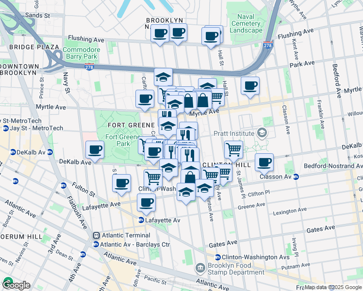 map of restaurants, bars, coffee shops, grocery stores, and more near 232 Vanderbilt Avenue in Brooklyn