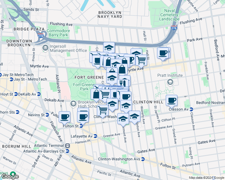 map of restaurants, bars, coffee shops, grocery stores, and more near 225 Adelphi Street in Brooklyn