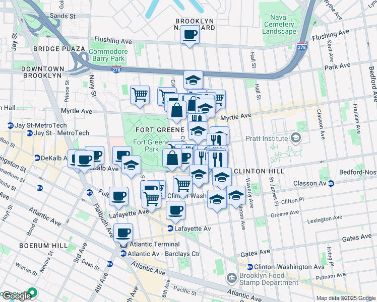 map of restaurants, bars, coffee shops, grocery stores, and more near 242 Carlton Avenue in Brooklyn