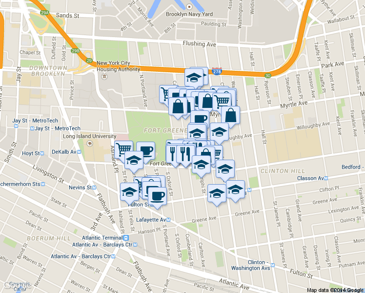 map of restaurants, bars, coffee shops, grocery stores, and more near 242 Carlton Avenue in Brooklyn