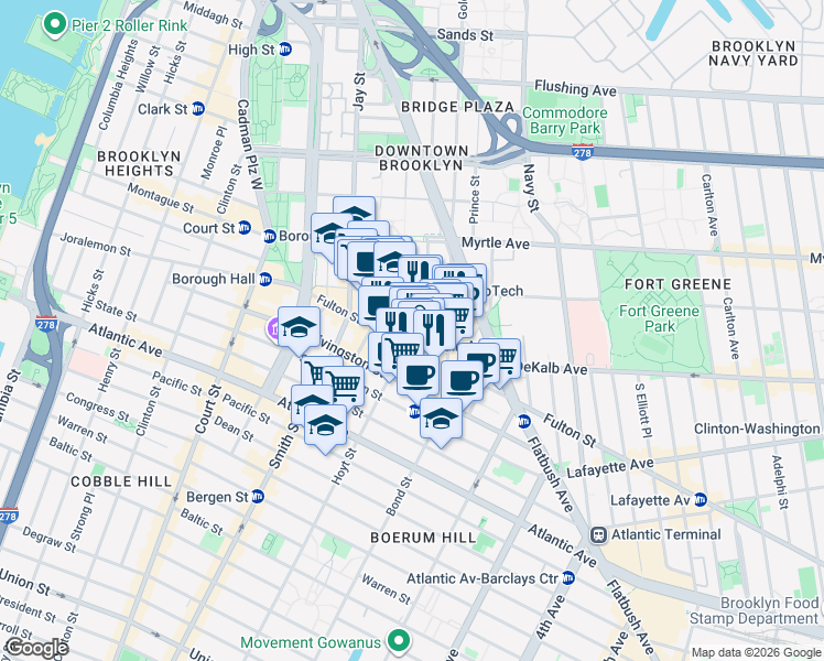 map of restaurants, bars, coffee shops, grocery stores, and more near 519 Fulton Street in Brooklyn